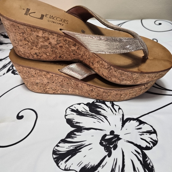 ♥️ K Jacques St. Tropez Diorite Gold Scale Thong Platforms Wedges - Picture 7 of 11